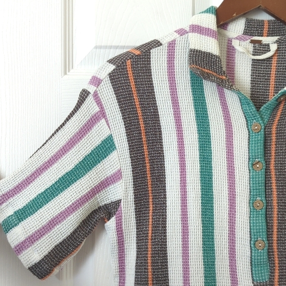 Free People Endless Summer Soleil Time Striped Waffle Knit Boxy Henley Polo XS - Picture 3 of 11